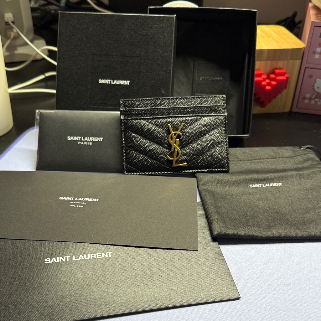 Saint Laurent Quilted Black Card Holder With Gold Logo